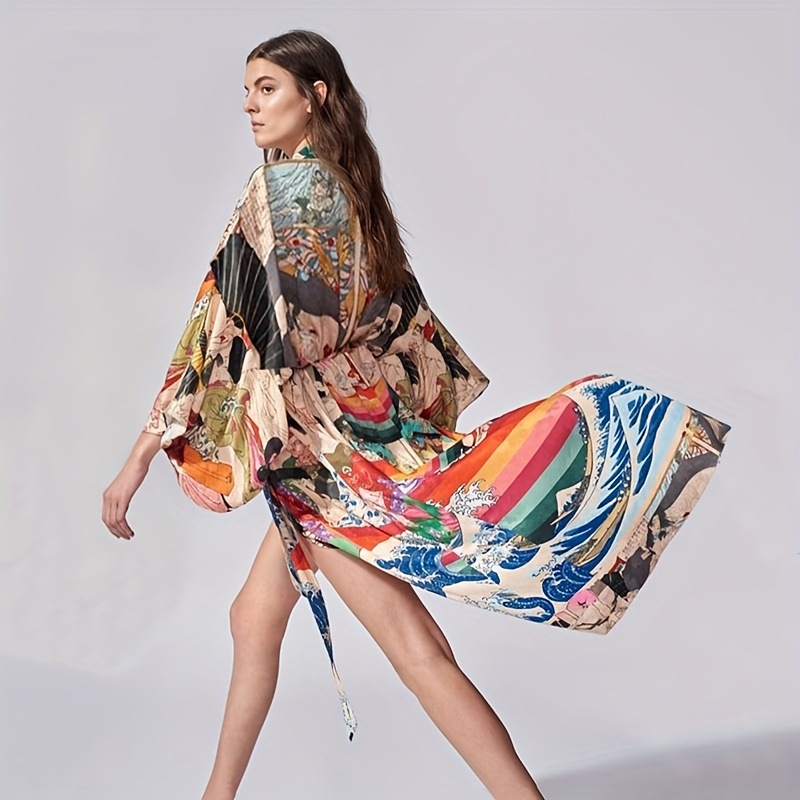 Amazon Cross-Border European Beach Sun Protection Cover-Up Beach Vacation Shirt Long Robe Printed Long Style Women's Sun Protection Clothing