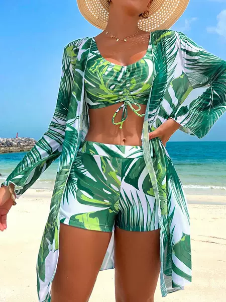 Fashionable Printed Drawstring Top, Long-Sleeved Mesh Cover-Up, Boxer Shorts, Three-Piece Swimsuit Set for Seaside Beach Vacation
