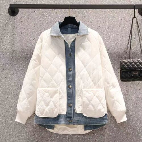 Design Women's Loose Fleece Jacket with Denim Patchwork and Herringbone Pattern, Stylish Outerwear for 2025 Autumn/Winter, Plus Size