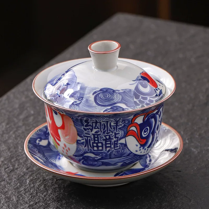 Antique blue and white ceramic retro tea cup, tea set