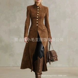 欧美新款时尚跨境女装翻领单排扣纯色修身中长款气质风衣外套