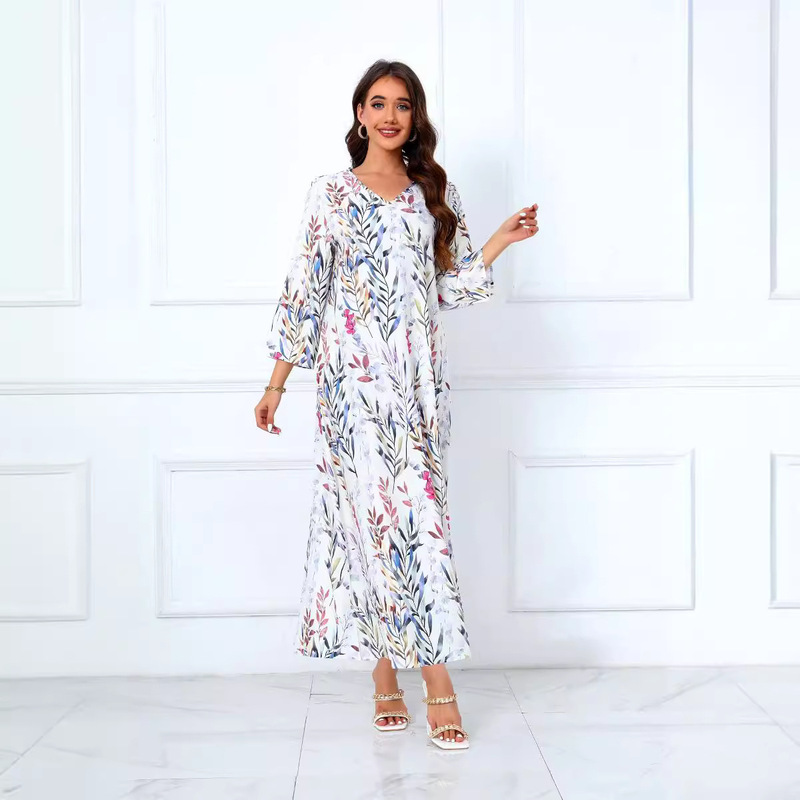 Cross-Border Real-Shot Foreign Trade Long Dress, Mid-Length Printed Dress
