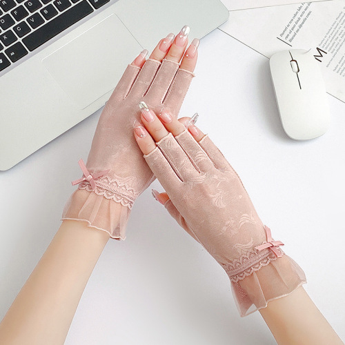 Half-finger gloves for women, ultra-thin ice silk stretch lace leaky finger driving and riding non-slip sun protection half-finger gloves