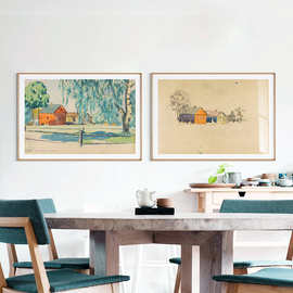 北欧简约风景建筑油画复古文艺抽象客厅横幅装饰画图片画芯