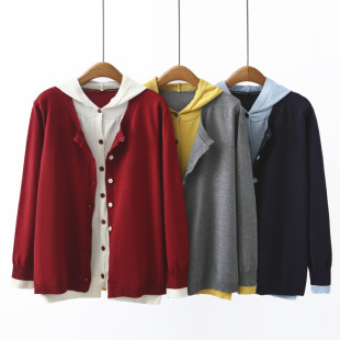 Hooded Knitwear Women's plus size 2025 Spring New chubby girl Fashion Age-reducing Contrast Color Stitching Fake Two-piece Cardigan