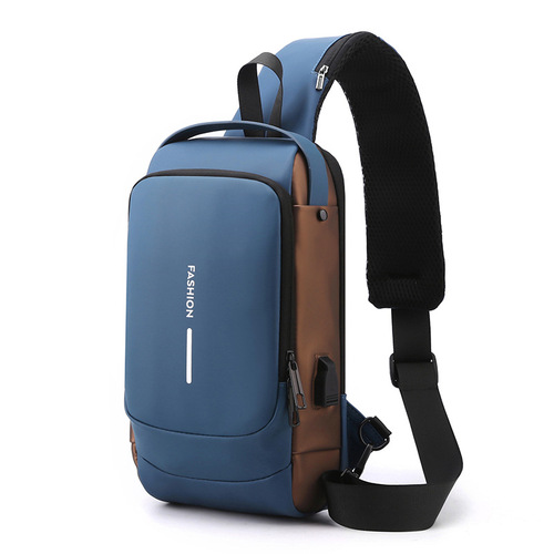 Leather Chest Bag Men's Chest Bag USB Charging Backpack Water-Repellent Backpack Shoulder Bag Commuting Crossbody Chest Bag