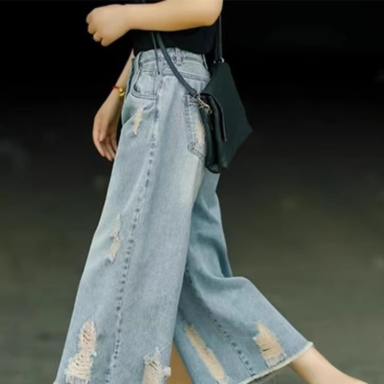 Vintage Dressed Ripped Jeans Women's Summer Thin High Waist Loose Wide Leg Pants Women's Short Cropped Casual Pants