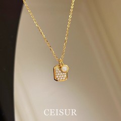 小香风~精致轻奢闪钻小方块香水瓶项链小众设计百搭气质锁骨链女