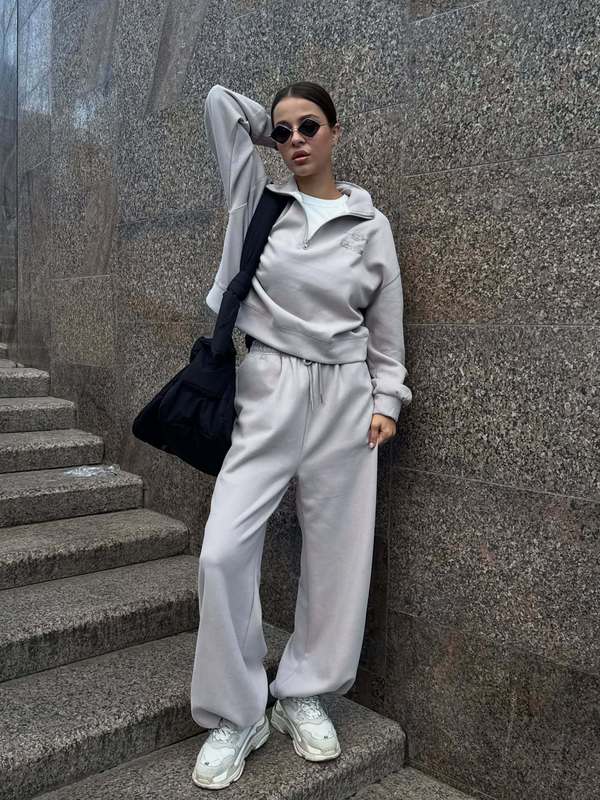 2025欧美新款秋冬半拉链翻领短款卫衣套装女休闲直筒长裤两件套秋|undefined