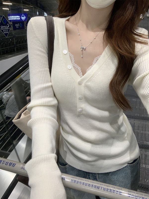 网红甜辣风深V纯欲针织衫上衣女秋季纽扣半开领紧身毛衣打底内搭|undefined