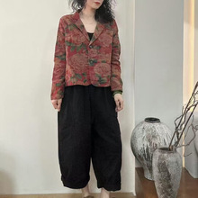 印花春季新款宽松薄款女棉麻文艺范复古风小众气质百搭长袖小西装