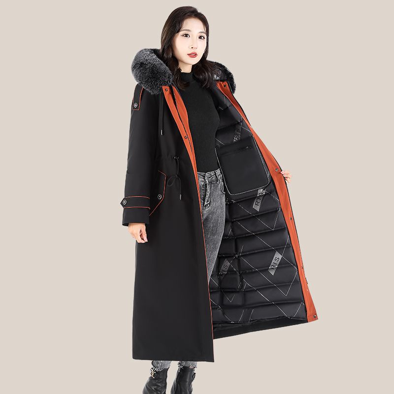 Detachable 90% White Goose down Inner Lining Over-The-Knee Extended Parka Coat with Fox Fur Thickened down Jacket for Warmth Women