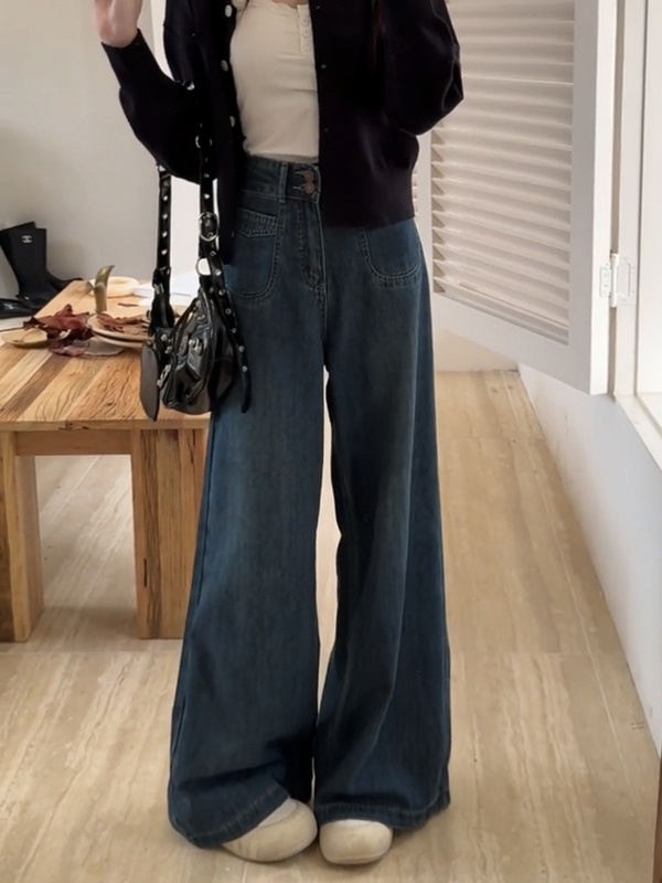 梨妹之家阔腿拖地慵懒牛仔裤女阔脚裤复古高腰大裤脚不贴腿长裤子|undefined