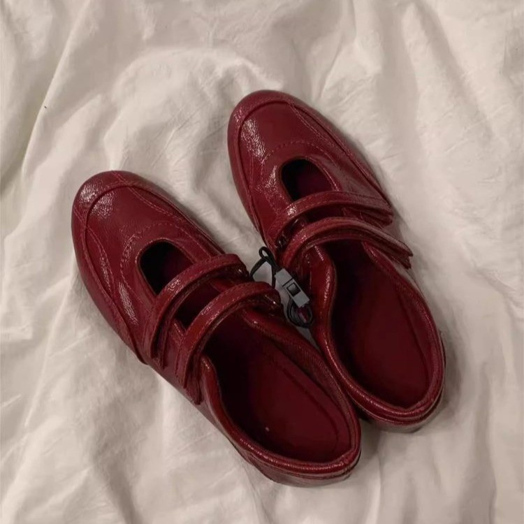 2025 새로운 빈티지 레드 프렌치 메리 제인 신발 여성 벨크로 캐주얼 발레 신발 플랫 슈즈 여성