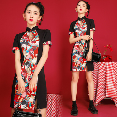 新式旗袍國潮中國風複古短款小個子性感年輕款少女改良版連衣裙