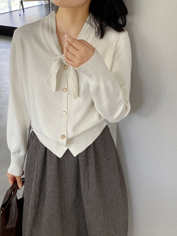江左 小香风灰色蝴蝶结针织女秋2025新款慵懒风短款气质毛衣J8902|undefined