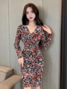 Mesh slim fit V-neck wrapped hip dress