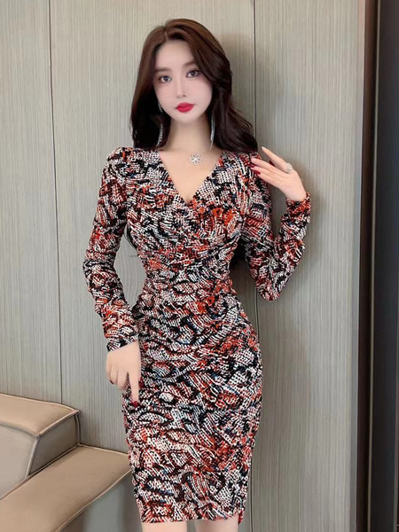 Mesh slim fit V-neck wrapped hip dress