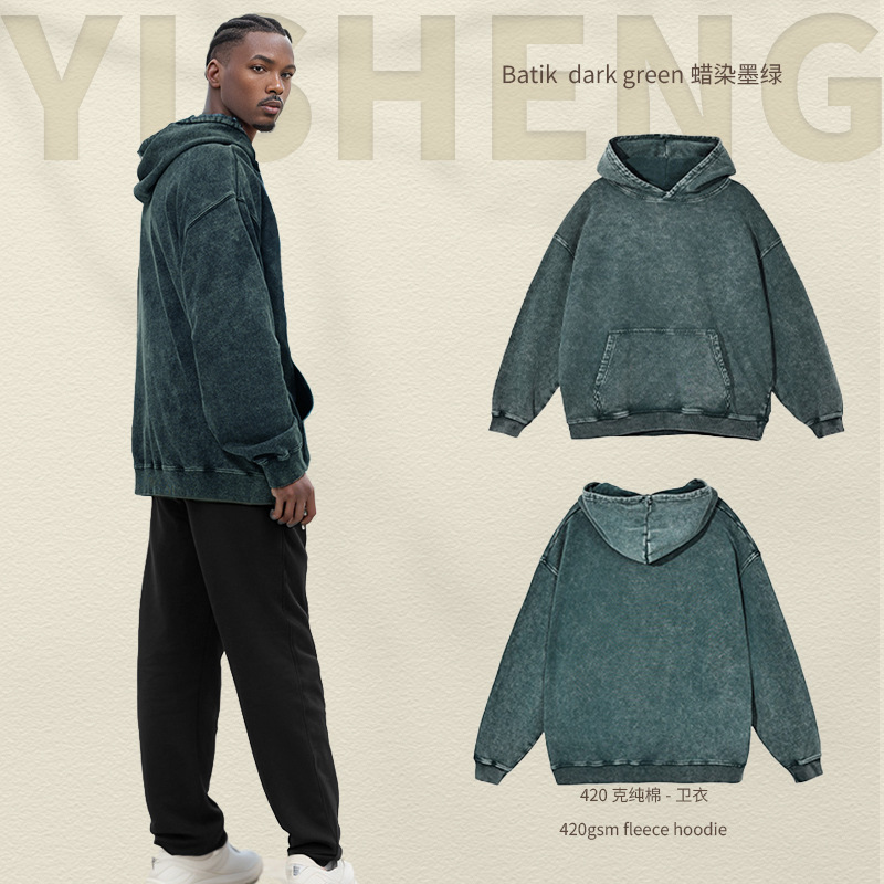 Sudadera Vintage de Algodón Puro Lavado, Estilo Retro Casual, Teñido con Cera de Copo de Nieve, Ropa para Hombre