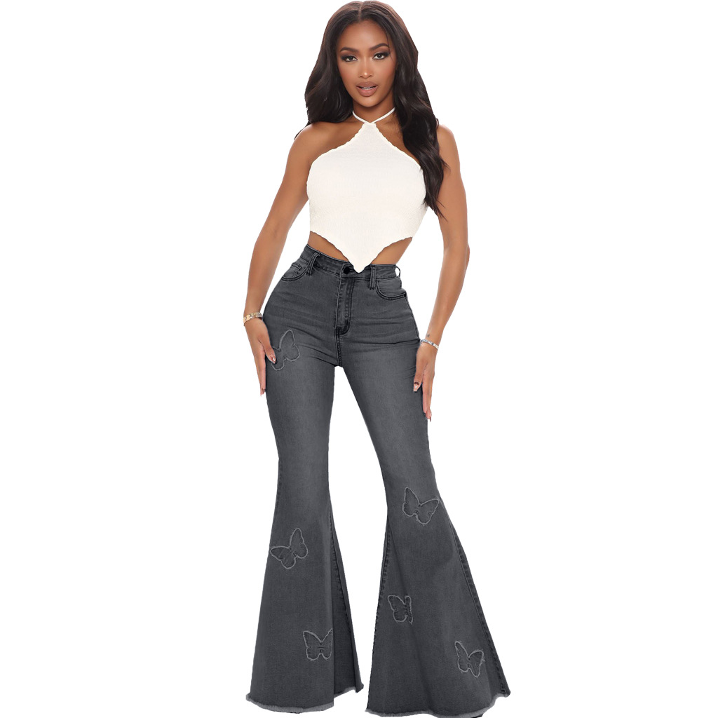 Butterfly Print Wide-Leg Stretch Jeans NSSF88980