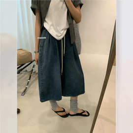 ss521-130    宽松大码胖mm | 慵懒休闲风抽绳阔腿牛仔七分裤