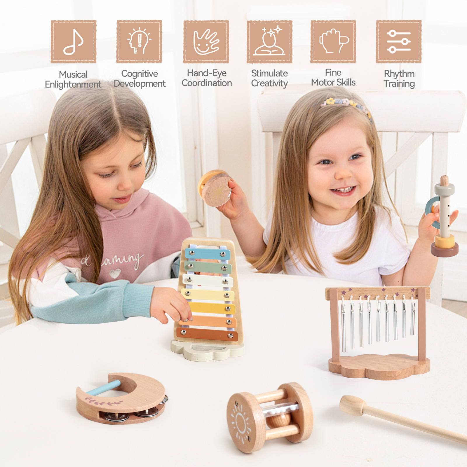 Orff Instrumentos musicales Juego de 6 piezas Educación temprana para bebés Ejercicio de escucha Alaciamiento de madera Tocar campanillas Juguetes musicales para niños