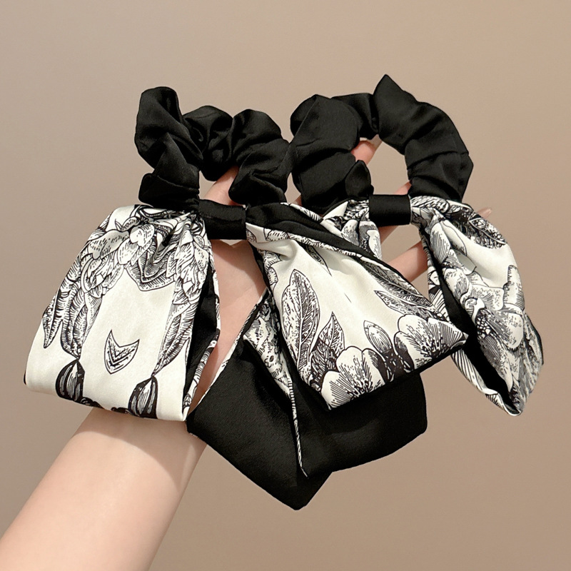 Cinta estampada retro francesa, lazo para el cabello de intestino grueso, temperamento femenino, cabello atado, cuerda para la cabeza, delicado tocado de cuerda para el cabello de cola de caballo baja