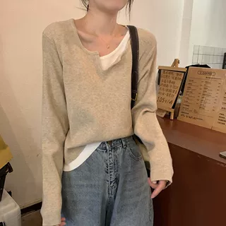 韩版ins风撞色假两件针织衫女秋冬2024新款显瘦内搭打底上衣