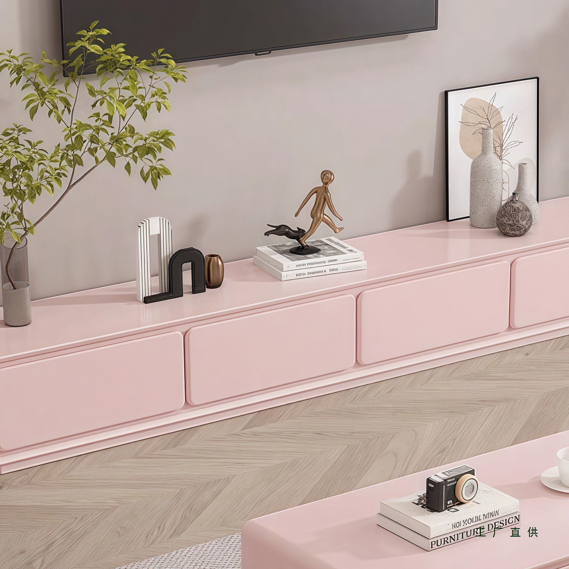 Dopamine Simple Modern Tv Cabinet Coffee Table Combination Pink Living Room Tv Cabinet Cream Style Solid Wood Floor Cabinet