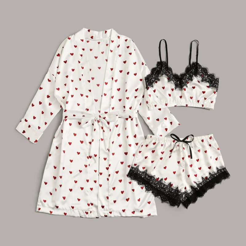 Женский кружевной пижамный комплект из трех предметов с принтом в виде сердечек и кружевной отделкой