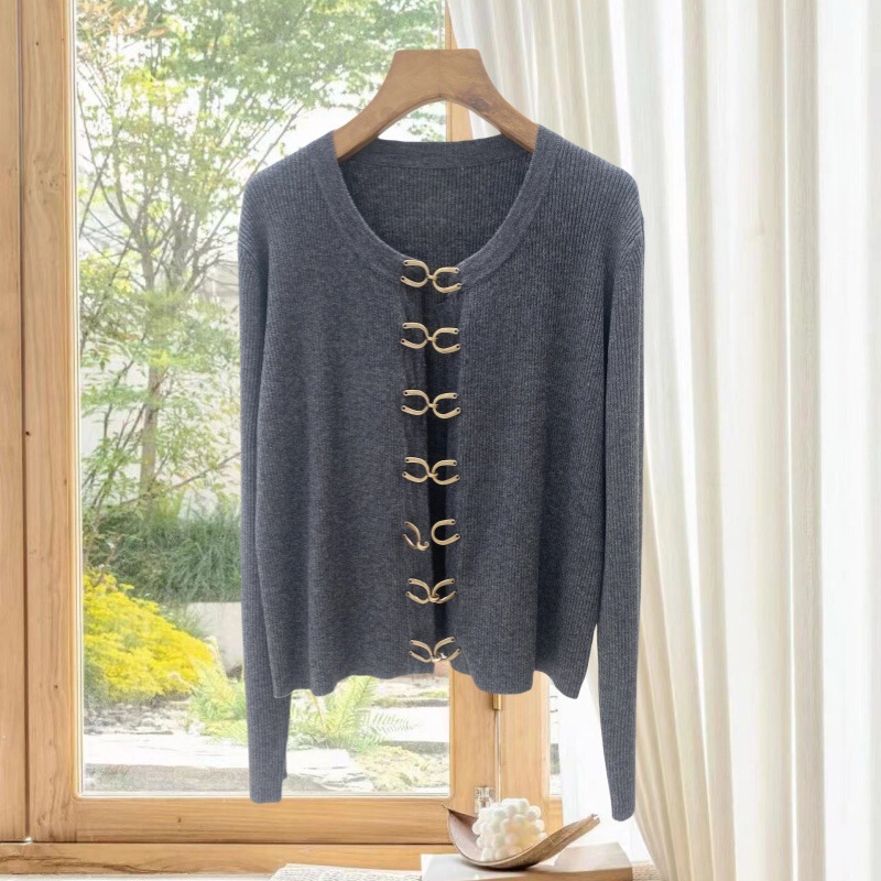 Er Nanyou High Quality 2024 Early Autumn Lightweight Round Neck Slim Fit Stretch Metal Hook Gray Wool Knitted Cardigan