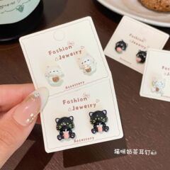 卡通滴油可爱饮料奶茶猫咪耳钉女银针趣味百搭少女心学生耳饰批发