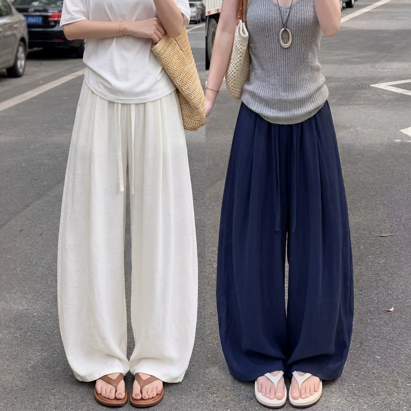 Белые льняные брюки-палаццо для женщин, летние, тонкие, свободного кроя, в стиле old money, из ледяного шелка, с защитой от солнца, повседневные брюки из хлопка и льна.