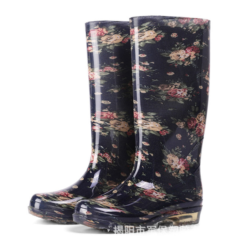 High Crystal Women's Rain Boots Transparent Flower Cloth Thickened Rubber Shoes Kitchen Long Waterproof Boots Non-slip Labor Protection Shoes Women's Rain Boots
