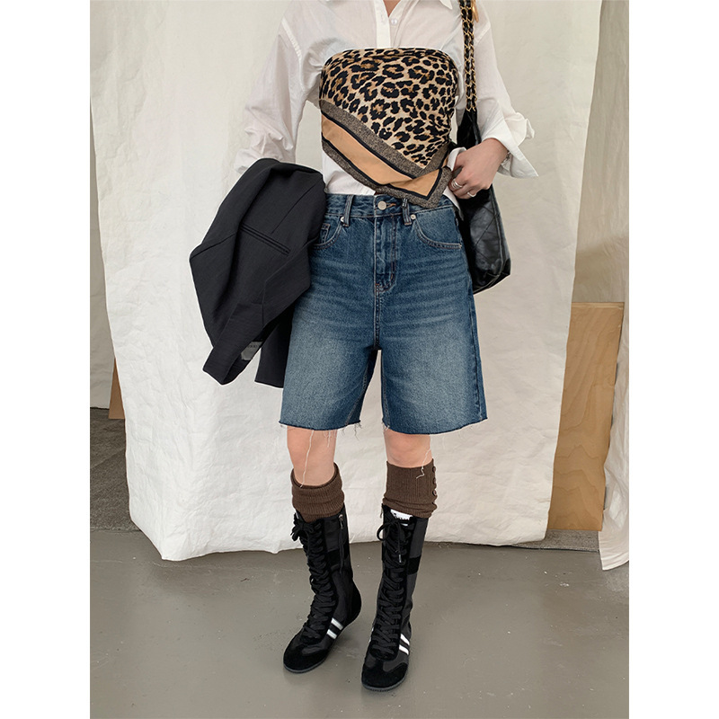 Icciicc Retro Simple Denim Mid-Length Pants with Fringed Edges Straight-Leg Five-Point Pants for Women Autumn 10350