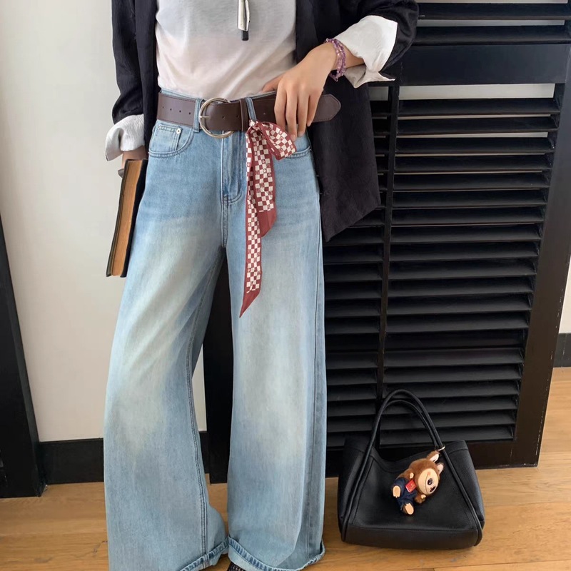 浅蓝色宽松直筒牛仔裤女2025秋冬加绒拖地高腰显瘦垂感窄版阔腿裤|undefined