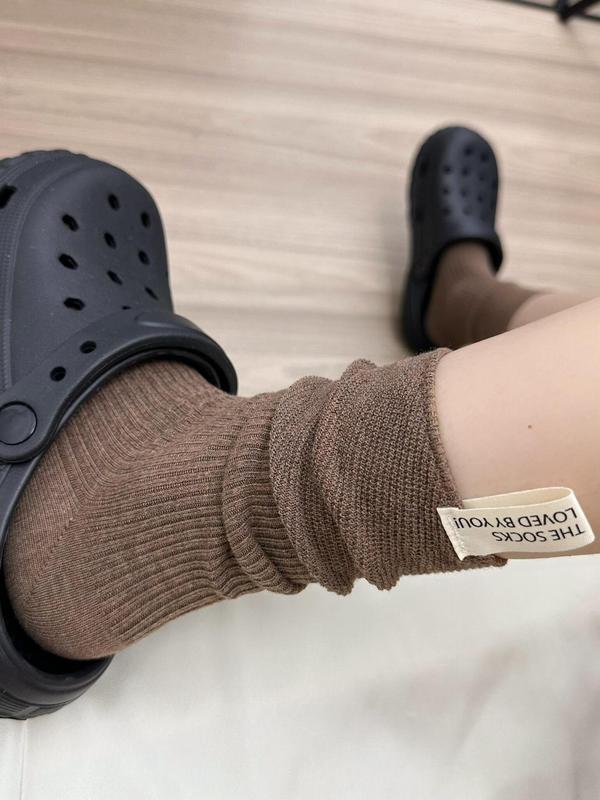 韩版ins中长筒百搭堆堆袜后跟布标粗线针织竖条纹夏季纯色小腿袜|undefined