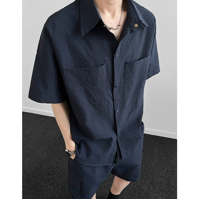 Летняя американская ретро-рубашка с короткими рукавами из жатого хлопка, красивая мужская рабочая одежда, повседневный костюм в функциональном стиле, модный комплект из двух предметов.