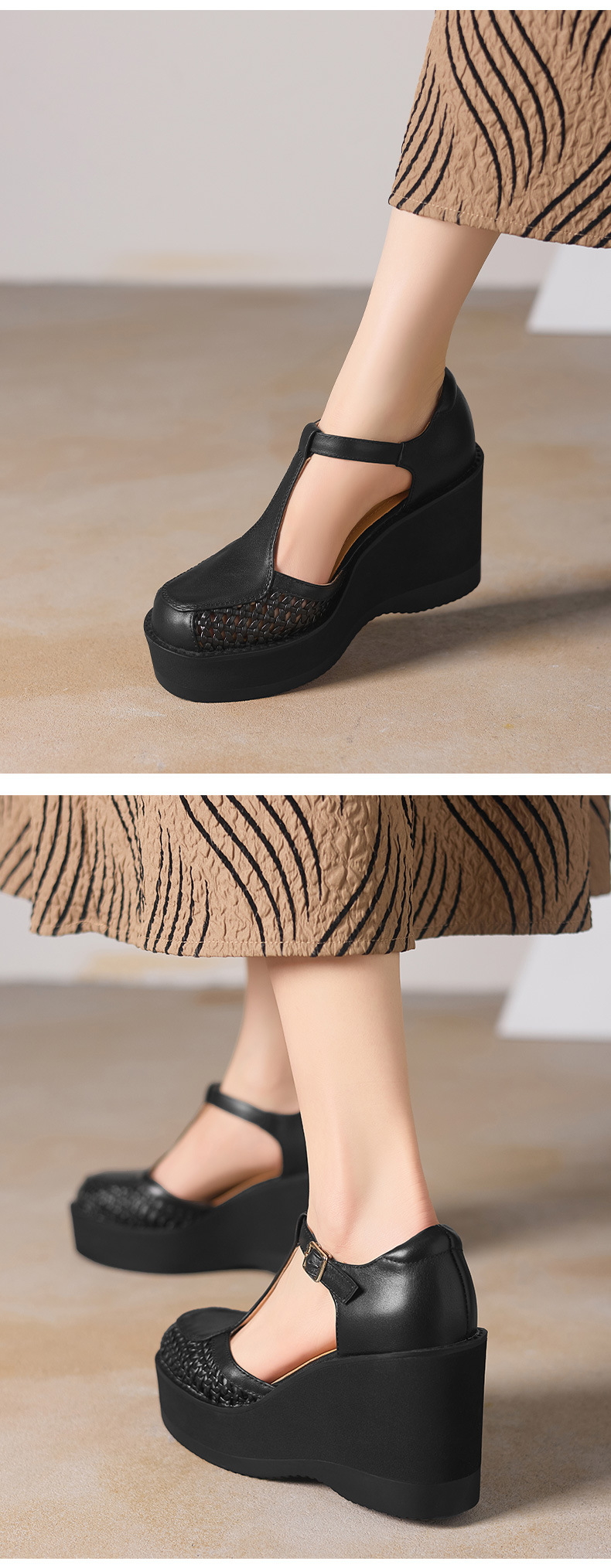 Sandal nữ cao gót đế dày 9,5 cm quai ngang khóa T — đen chi tiết 4