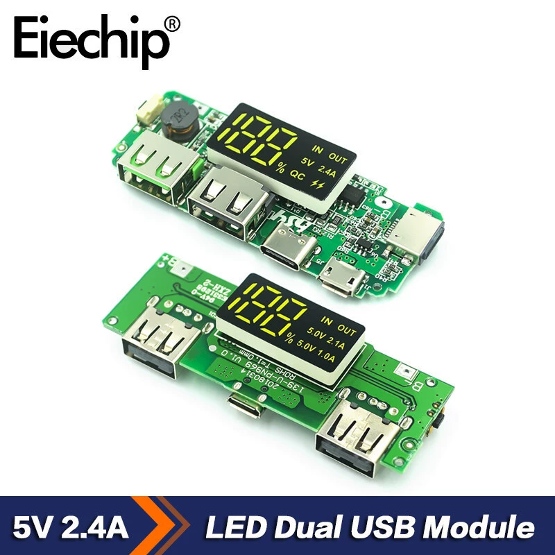 [Модуль зарядки 18650 5В 2.4А с LED, двойной USB Micro/Type-C, плата защиты зарядки]