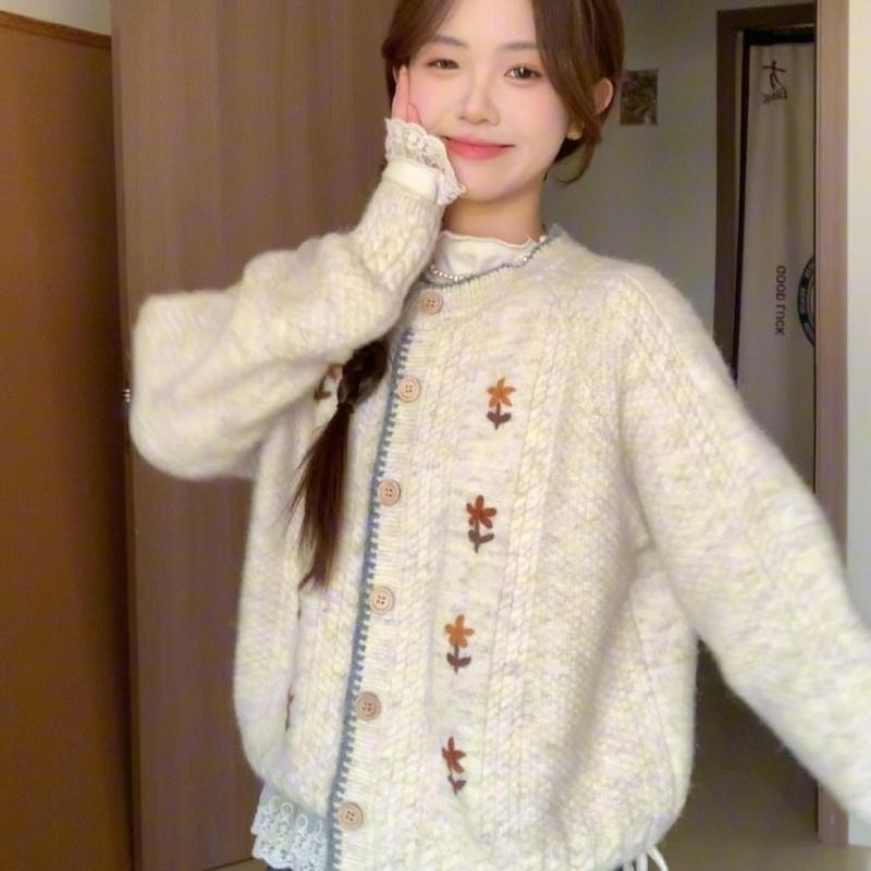 Japanese Style Soft Waxy High-end Crew Neck Flower Embroidered Cardigan Sweater Coat Women's Autumn and Winter Lazy Style Wear Top