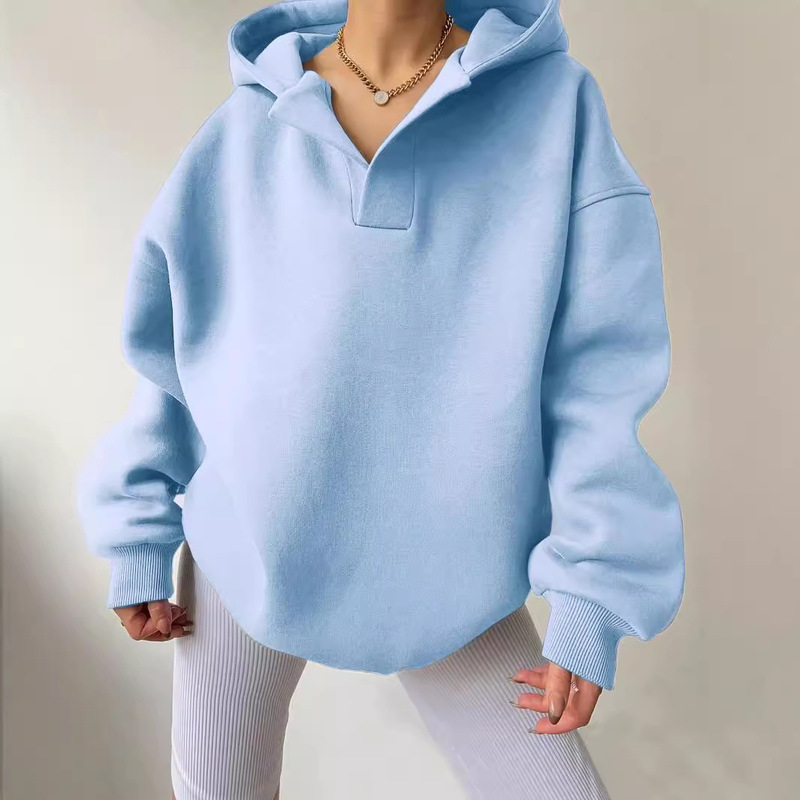 2024 Autumn and Winter Amazon Cross-Border European and American Women's Sports V-Neck Solid Color Long Sleeve Hooded Solid Color Loose Sweatshirt Women