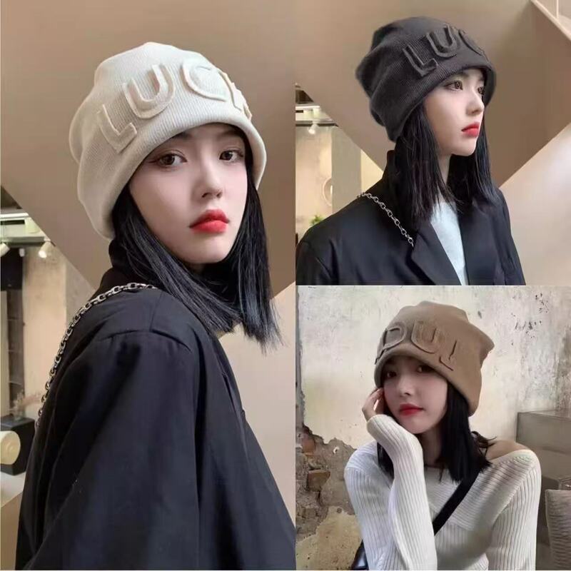 Autumn and Winter Stylish Letter Fashion Cold Hat Versatile Ear Protection Postpartum Hat Large Head Circumference Retro Knit Hat