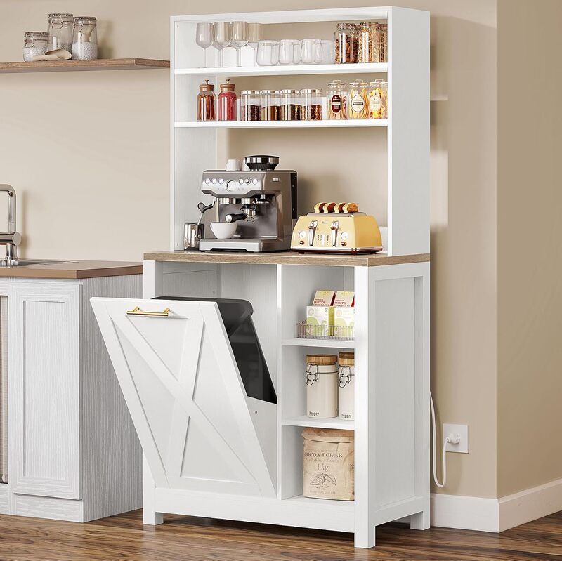 Bread Rack Microwave Oven Stand with Trash Can Storage Bin Cabinet and Power Outlet6-Tier Farmhouse Kitchen Coffee Bar Bread Rack Microwave Oven Stand with Trash Can Storage Bin Cabinet and Power Outlet6-Tier Farmhouse Kitchen Coffee Bar