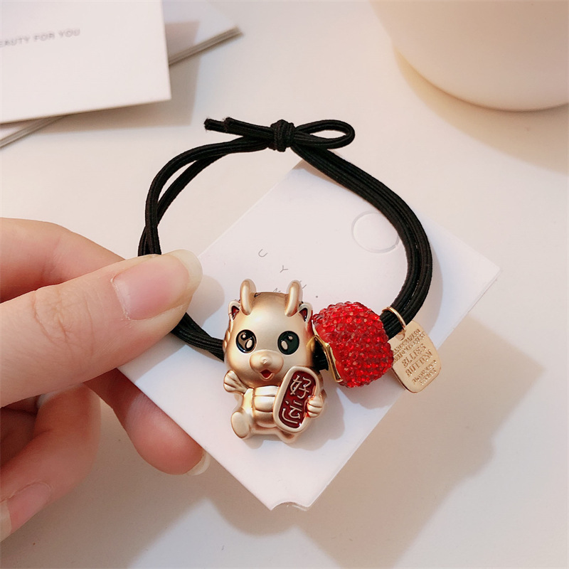Año del Dragón Zodiaco de alta sensación metal rojo Año Nuevo anillo de cabello de alta altura cuerda elástica cuerda de cabello festiva adornos para el cabello