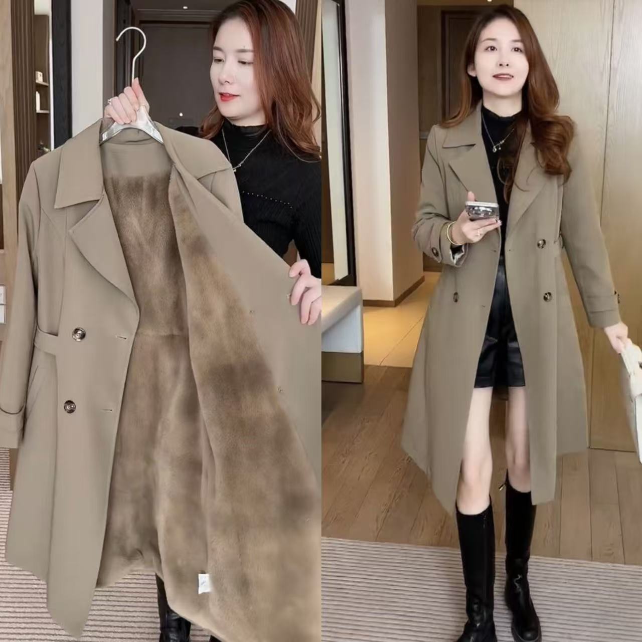 Fleece-Lined Thickened Trench Coat for Women 2025 Autumn and Winter New Fashion Elegant Suit Collar Double-Breasted Slimming Coat