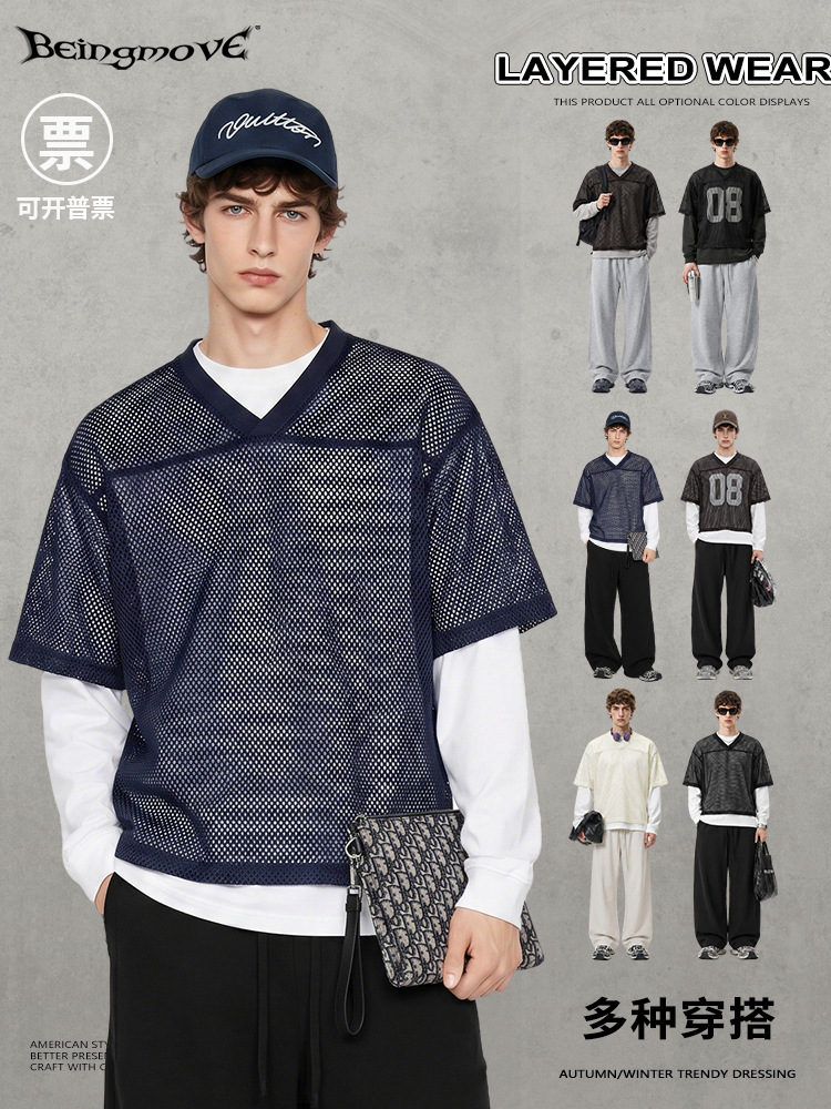 Calle secada| Marca de moda americana malla de manga corta cuello redondo suéter de color sólido recto pantalones largos sueltos trajes deportivos para hombre