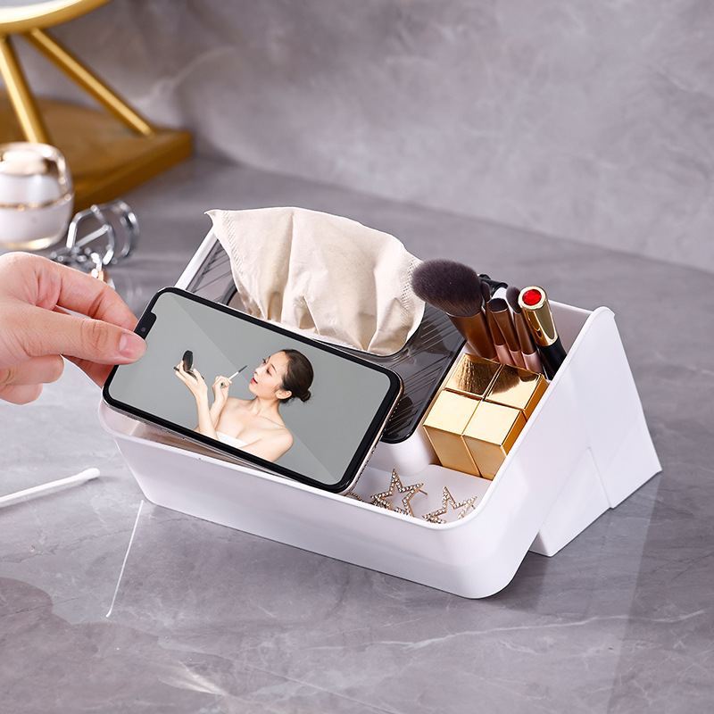 Caja de tejido de boca oblicua sala de estar caja de almacenamiento de escritorio mesa de café control remoto teléfono móvil estante de almacenamiento de plástico con tapa acabado compartimento