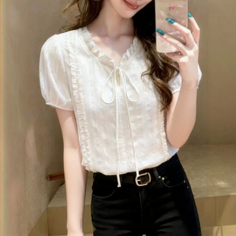 Casual Women's High-End White Lace-Up Short-Sleeved Shirt for Women, New Summer Style Age-Reducing Loose Shirt