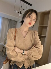 大码胖MM感V领长袖衬衫女2025秋季新款法式宽松遮肉开衫上衣